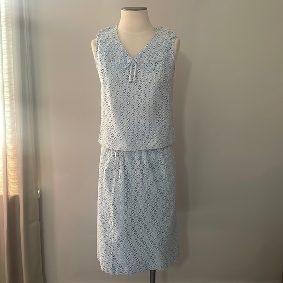 Vintage 1960s Light Blue & White Floral Lace Overlay Scalloped Tank Top & Skirt - Picture 1 of 16
